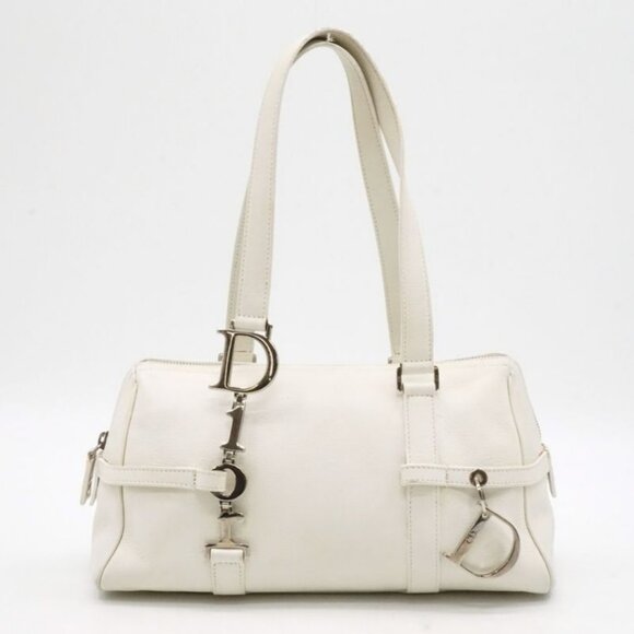 Authentic Christian Dior Calfskin Leather Boston Bag White Charms Purse Tote - Picture 1 of 8